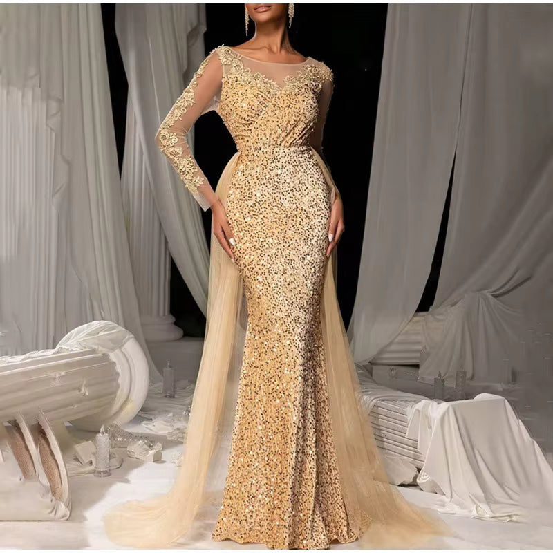 Elegant Patchwork Full Sleeve Beading Sequin See Through Long Maxi Dress