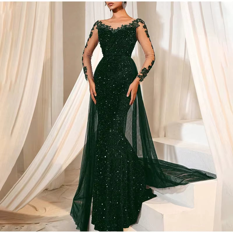 Elegant Patchwork Full Sleeve Beading Sequin See Through Long Maxi Dress