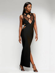 Elegant Patchwork Hollow Out Tight Design Celebrity Bandage Split Maxi Dress
