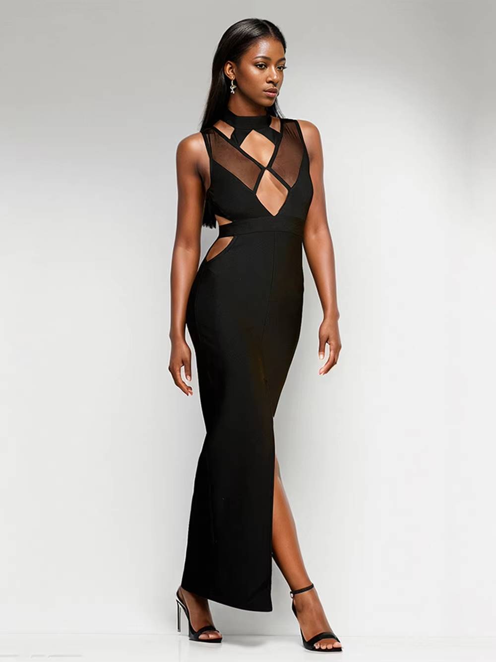 Elegant Patchwork Hollow Out Tight Design Celebrity Bandage Split Maxi Dress