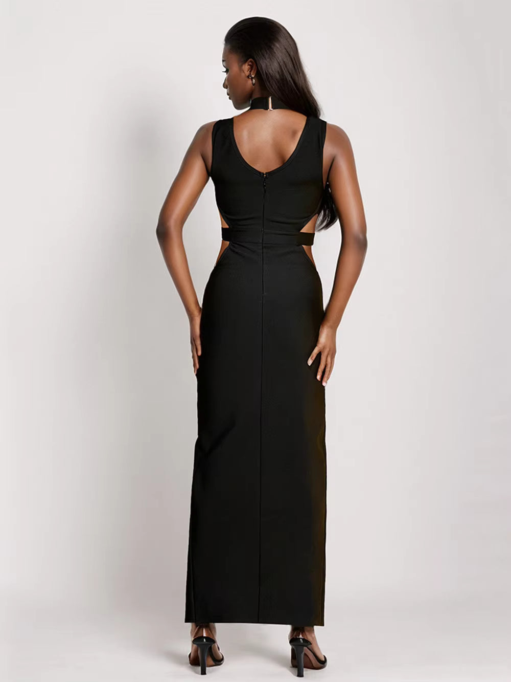 Elegant Patchwork Hollow Out Tight Design Celebrity Bandage Split Maxi Dress