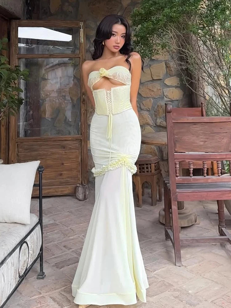 Elegant Patchwork Mesh Ruffles Hollow Vacation Birthday Party Maxi Fishtail Dress