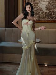 Elegant Patchwork Mesh Ruffles Hollow Vacation Birthday Party Maxi Fishtail Dress