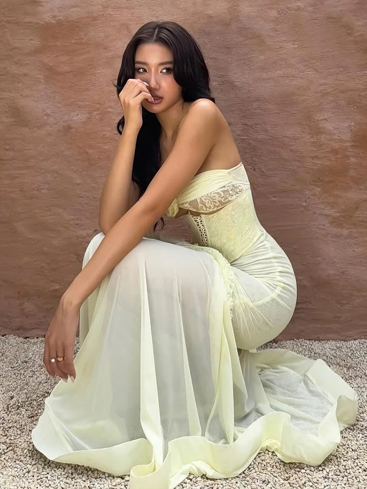 Elegant Patchwork Mesh Ruffles Hollow Vacation Birthday Party Maxi Fishtail Dress