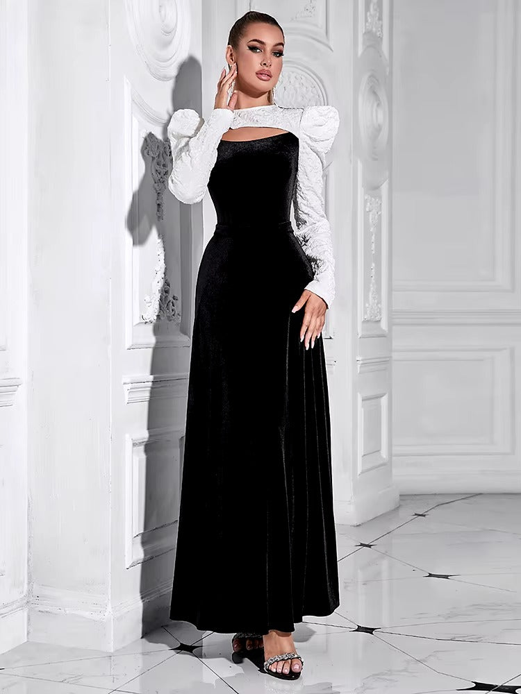 Elegant Patchwork O Neck Puff Sleeves Hollow Out