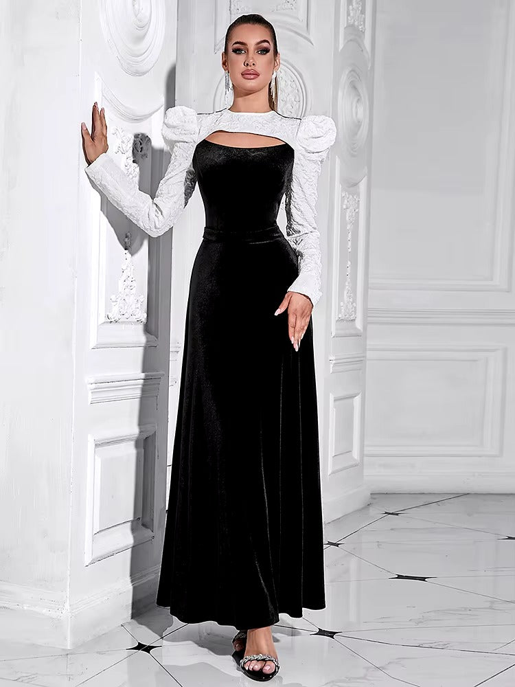 Elegant Patchwork O Neck Puff Sleeves Hollow Out