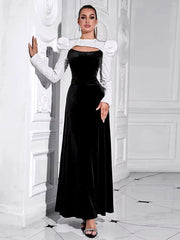 Elegant Patchwork O Neck Puff Sleeves Hollow Out
