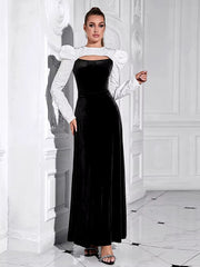 Elegant Patchwork O Neck Puff Sleeves Hollow Out