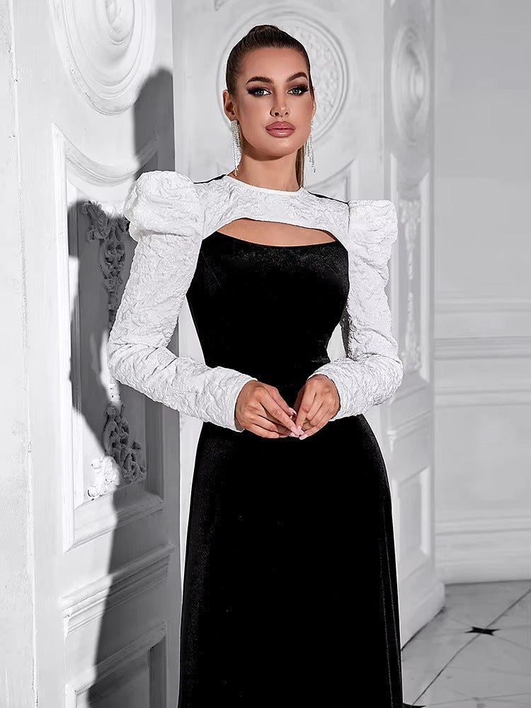 Elegant Patchwork O Neck Puff Sleeves Hollow Out