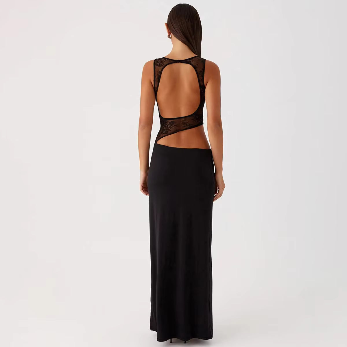 Elegant Patchwork O-Neck Sleeveless Hollow Backless Waist Slim Maxi Dress