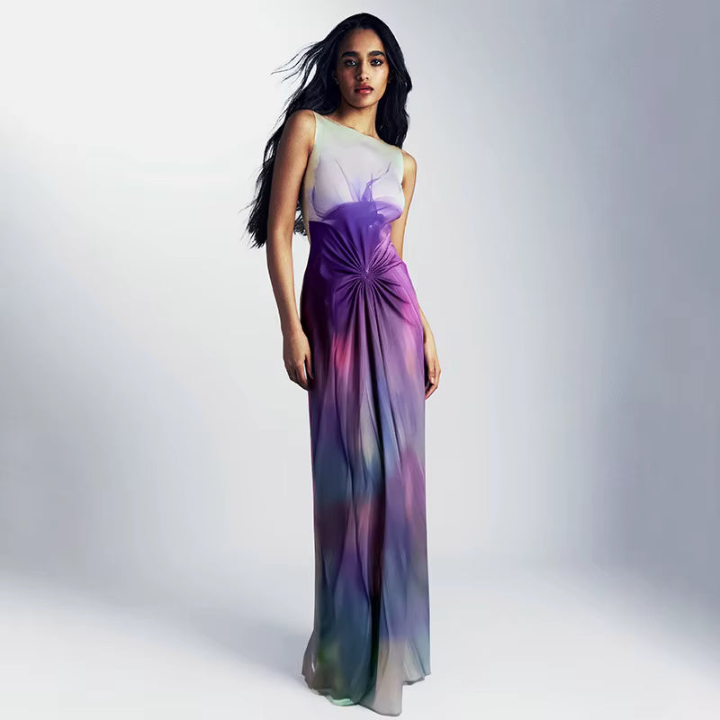 Elegant Patchwork Print Round Neck High Waist Loose Maxi Dress