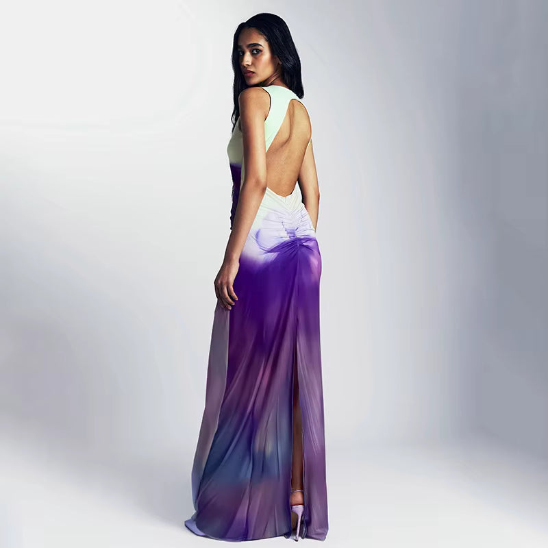 Elegant Patchwork Print Round Neck High Waist Loose Maxi Dress