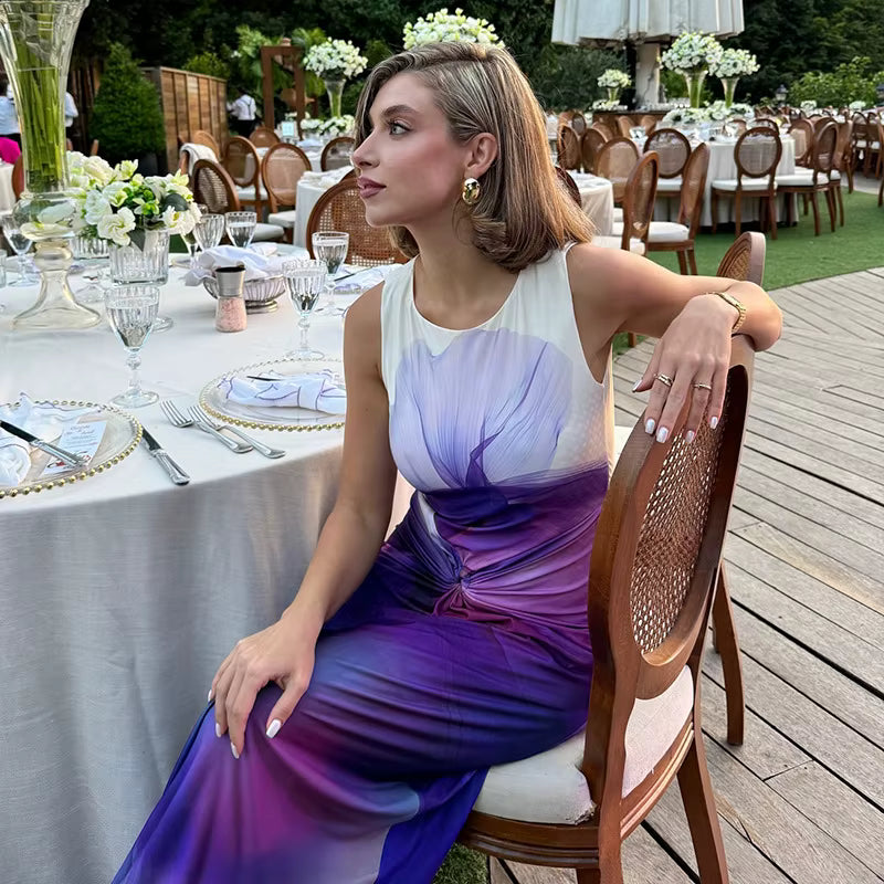 Elegant Patchwork Print Round Neck High Waist Loose Maxi Dress