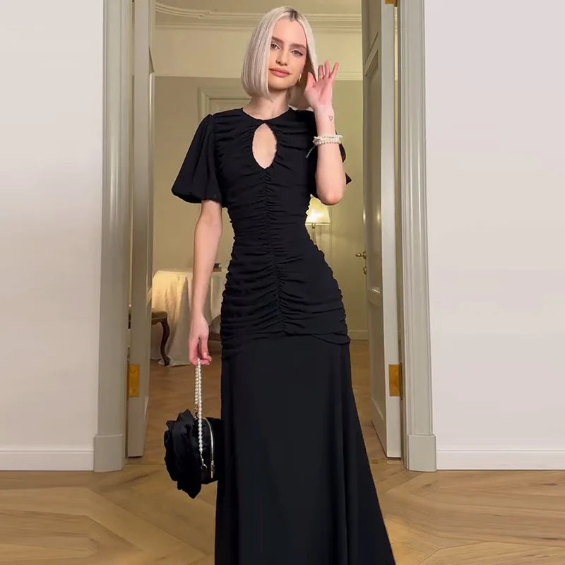 Elegant Patchwork Round Neck Sheer Pleated Short Sleeve Maxi Dress