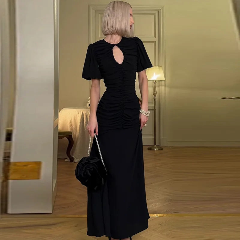 Elegant Patchwork Round Neck Sheer Pleated Short Sleeve Maxi Dress
