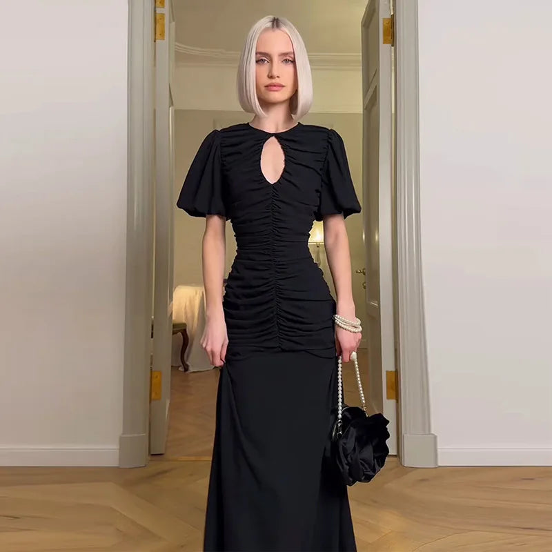 Elegant Patchwork Round Neck Sheer Pleated Short Sleeve Maxi Dress