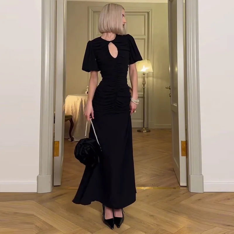 Elegant Patchwork Round Neck Sheer Pleated Short Sleeve Maxi Dress