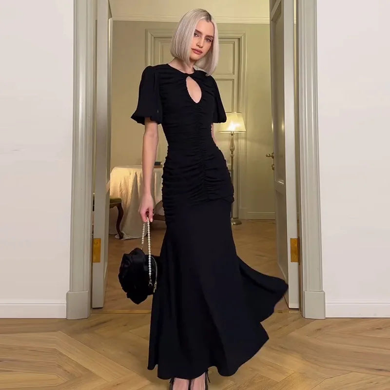 Elegant Patchwork Round Neck Sheer Pleated Short Sleeve Maxi Dress