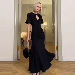 Elegant Patchwork Round Neck Sheer Pleated Short Sleeve Maxi Dress