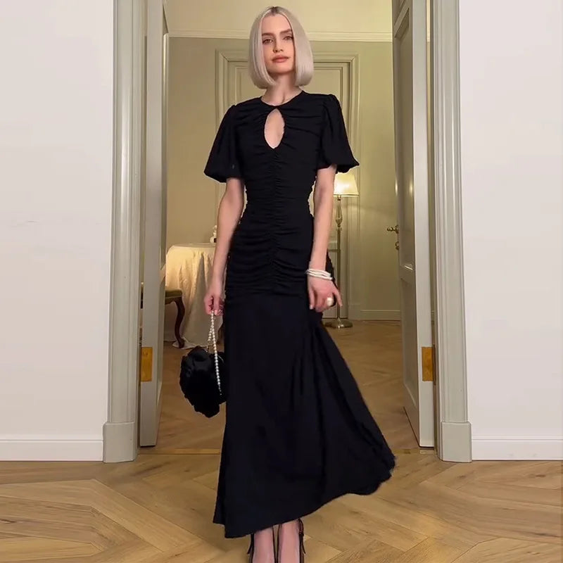 Elegant Patchwork Round Neck Sheer Pleated Short Sleeve Maxi Dress