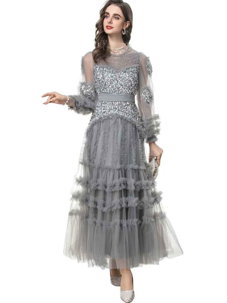 Elegant Patchwork Ruffle Edge Three-dimensional Sequin Mesh Evening Dresses