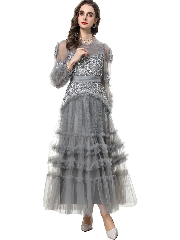 Elegant Patchwork Ruffle Edge Three-dimensional Sequin Mesh Evening Dresses