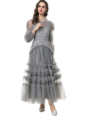 Elegant Patchwork Ruffle Edge Three-dimensional Sequin Mesh Evening Dresses