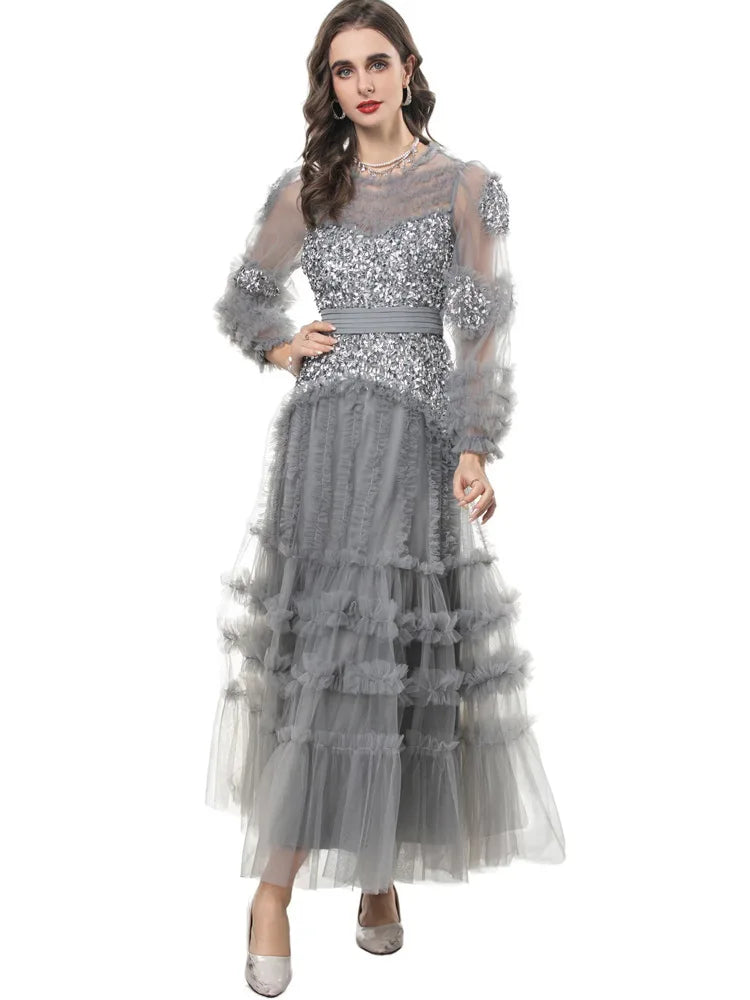 Elegant Patchwork Ruffle Edge Three-dimensional Sequin Mesh Evening Dresses