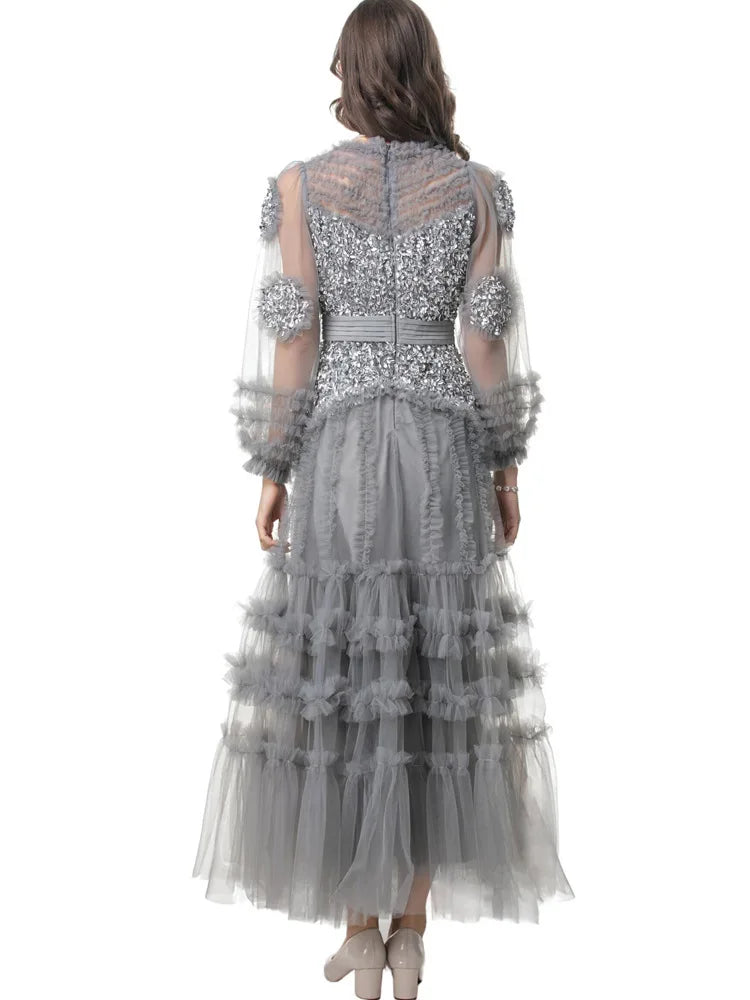 Elegant Patchwork Ruffle Edge Three-dimensional Sequin Mesh Evening Dresses