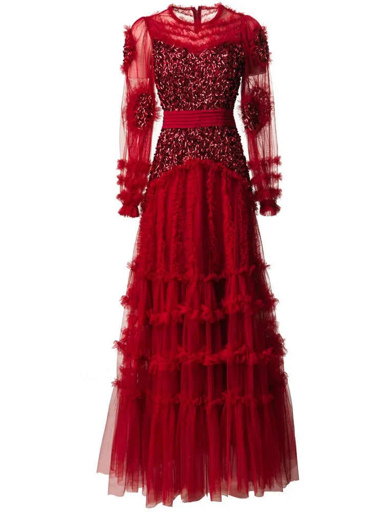 Elegant Patchwork Ruffle Edge Three-dimensional Sequin Mesh Evening Dresses