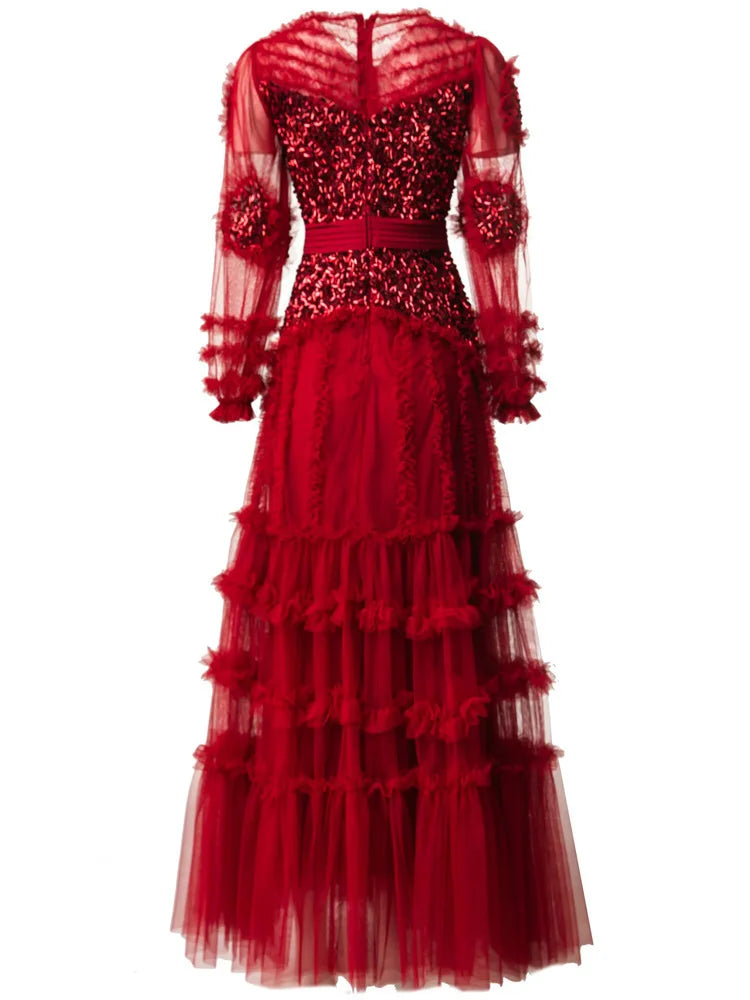 Elegant Patchwork Ruffle Edge Three-dimensional Sequin Mesh Evening Dresses