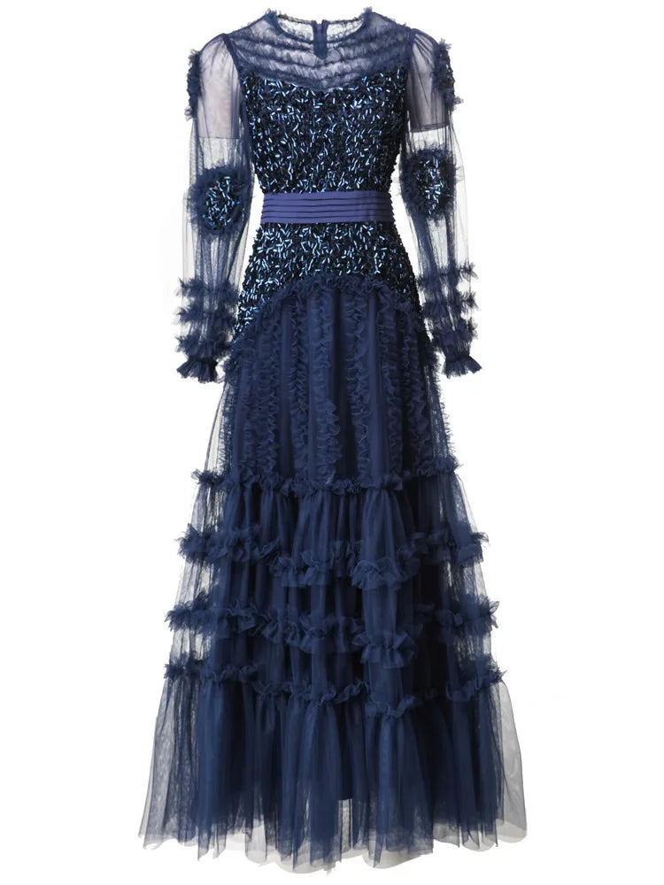 Elegant Patchwork Ruffle Edge Three-dimensional Sequin Mesh Evening Dresses