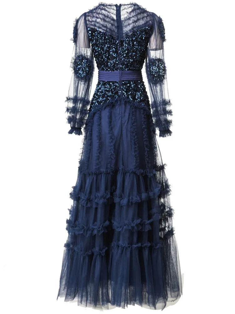 Elegant Patchwork Ruffle Edge Three-dimensional Sequin Mesh Evening Dresses