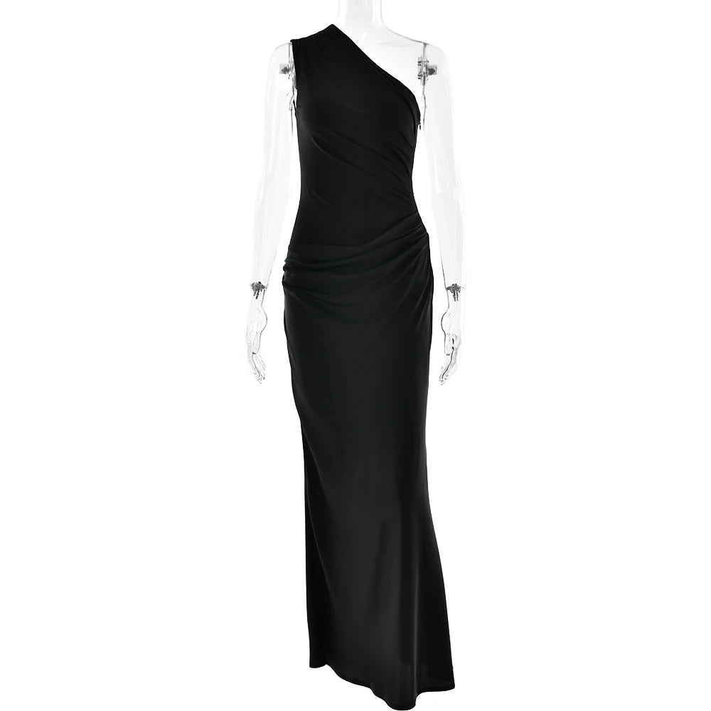 Elegant Patchwork Satin One Shoulder Sleeveless Maxi Dress