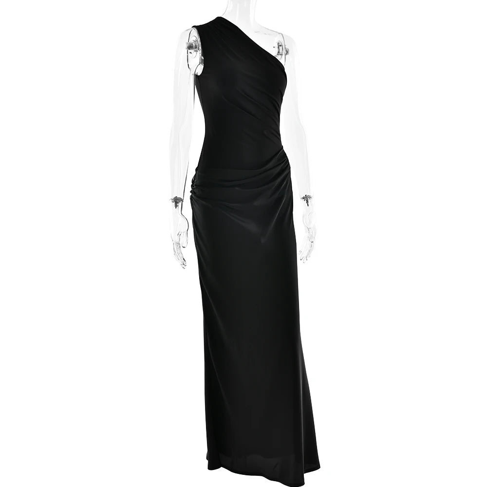 Elegant Patchwork Satin One Shoulder Sleeveless Maxi Dress