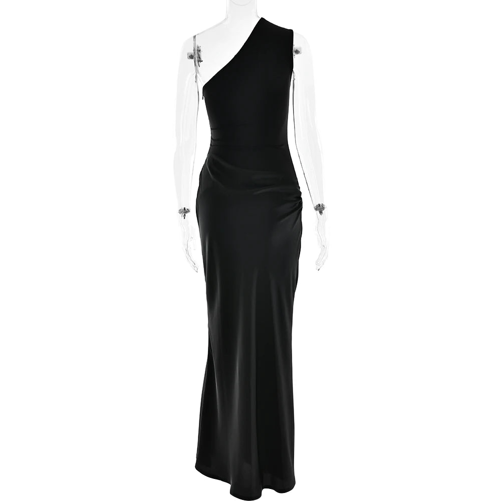 Elegant Patchwork Satin One Shoulder Sleeveless Maxi Dress