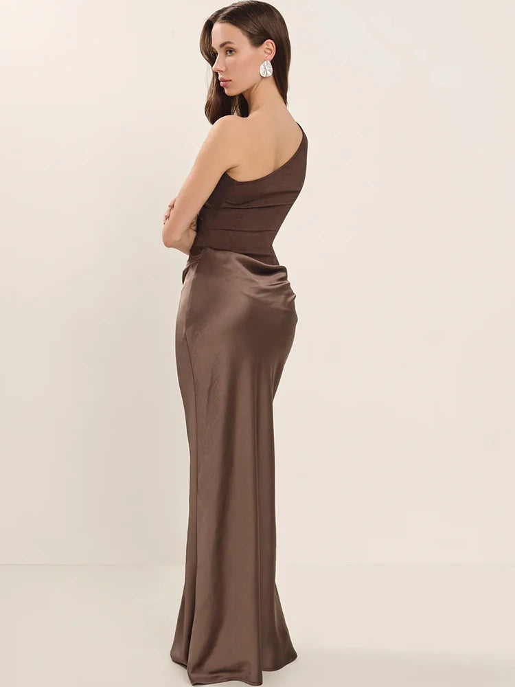 Elegant Patchwork Satin One Shoulder Sleeveless Maxi Dress
