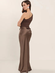Elegant Patchwork Satin One Shoulder Sleeveless Maxi Dress