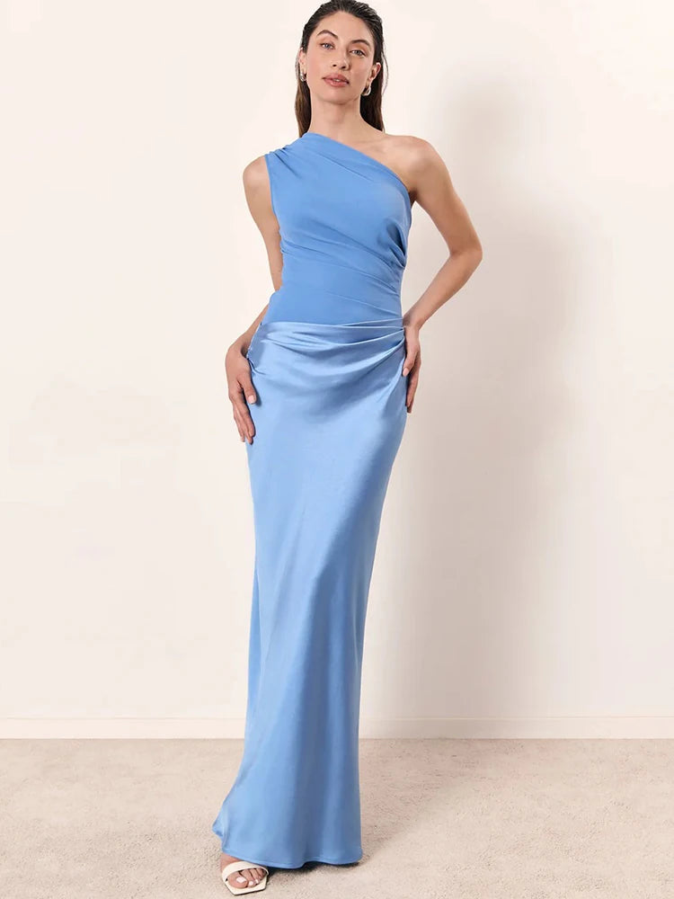 Elegant Patchwork Satin One Shoulder Sleeveless Maxi Dress