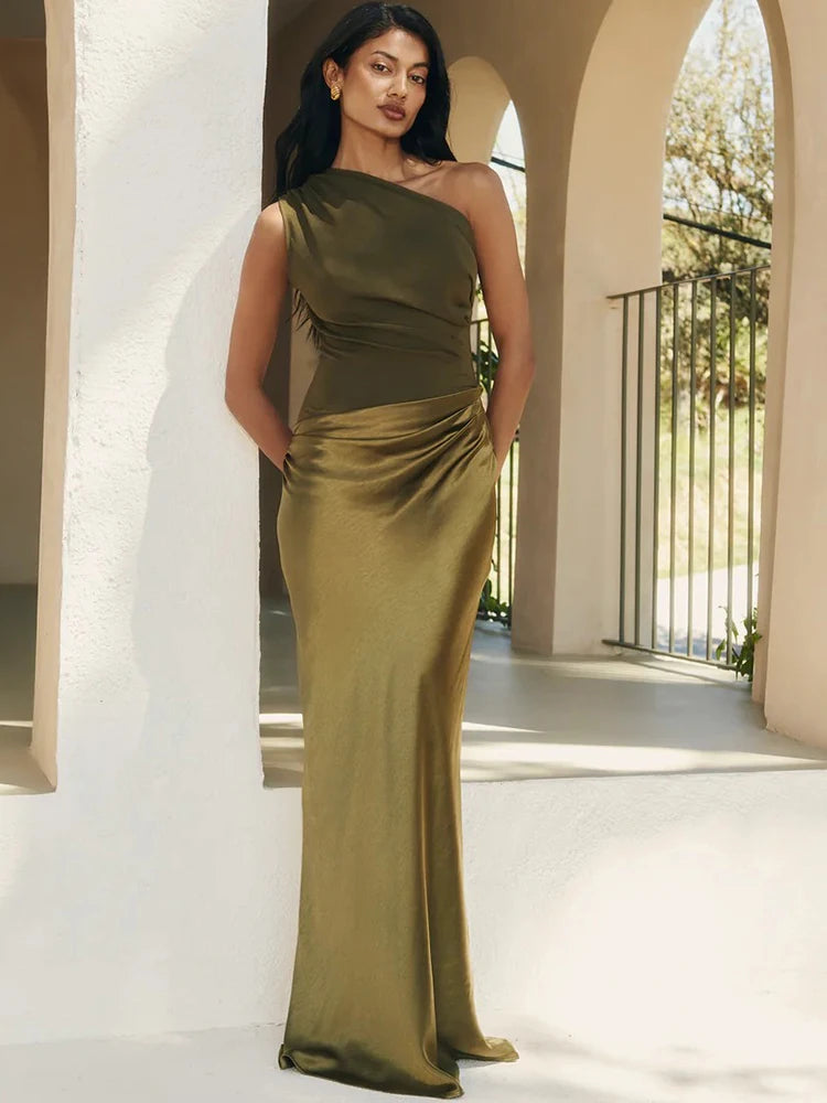 Elegant Patchwork Satin One Shoulder Sleeveless Maxi Dress
