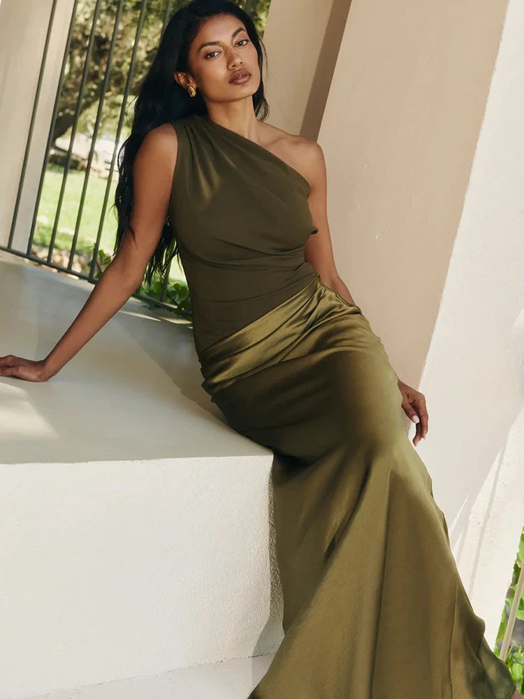 Elegant Patchwork Satin One Shoulder Sleeveless Maxi Dress