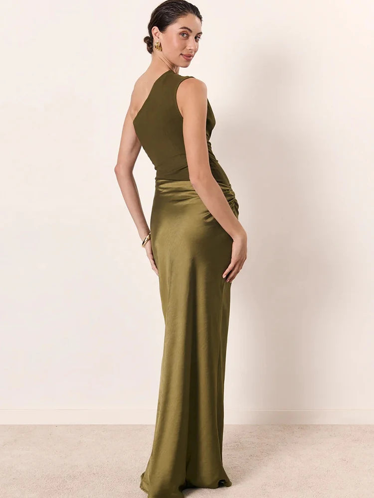 Elegant Patchwork Satin One Shoulder Sleeveless Maxi Dress