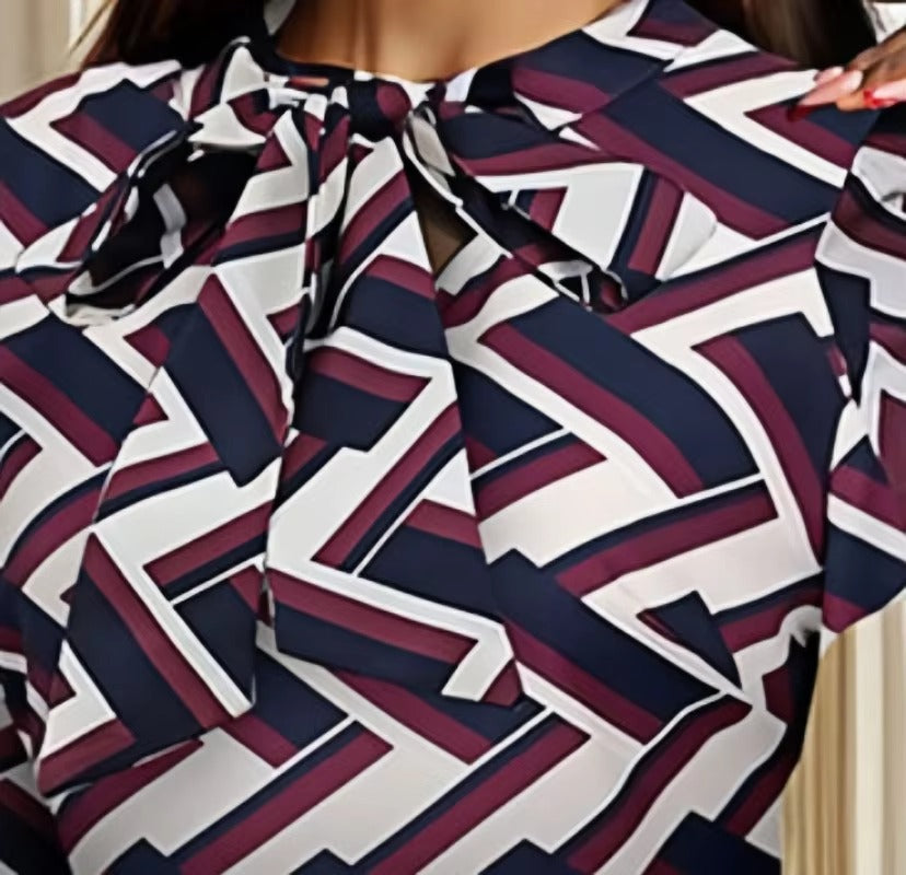 Elegant Patchwork Scarf Collar Full Sleeve slim fit Office Lady Slit Hip Dress