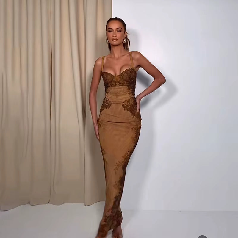 Elegant Patchwork Slim High Waist Evening Spaghetti Strap Lace Maxi Dress