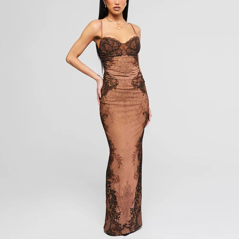 Elegant Patchwork Slim High Waist Evening Spaghetti Strap Lace Maxi Dress