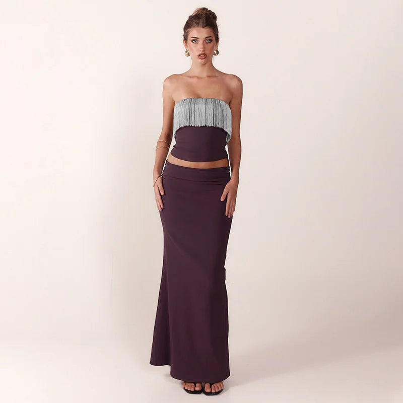 Elegant Patchwork Tassel Crop Top And Maxi Skirt Matching Set Strapless Two Piece Set
