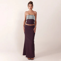 Elegant Patchwork Tassel Crop Top And Maxi Skirt Matching Set Strapless Two Piece Set