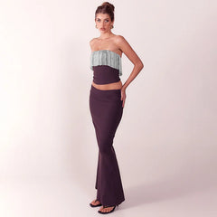 Elegant Patchwork Tassel Crop Top And Maxi Skirt Matching Set Strapless Two Piece Set
