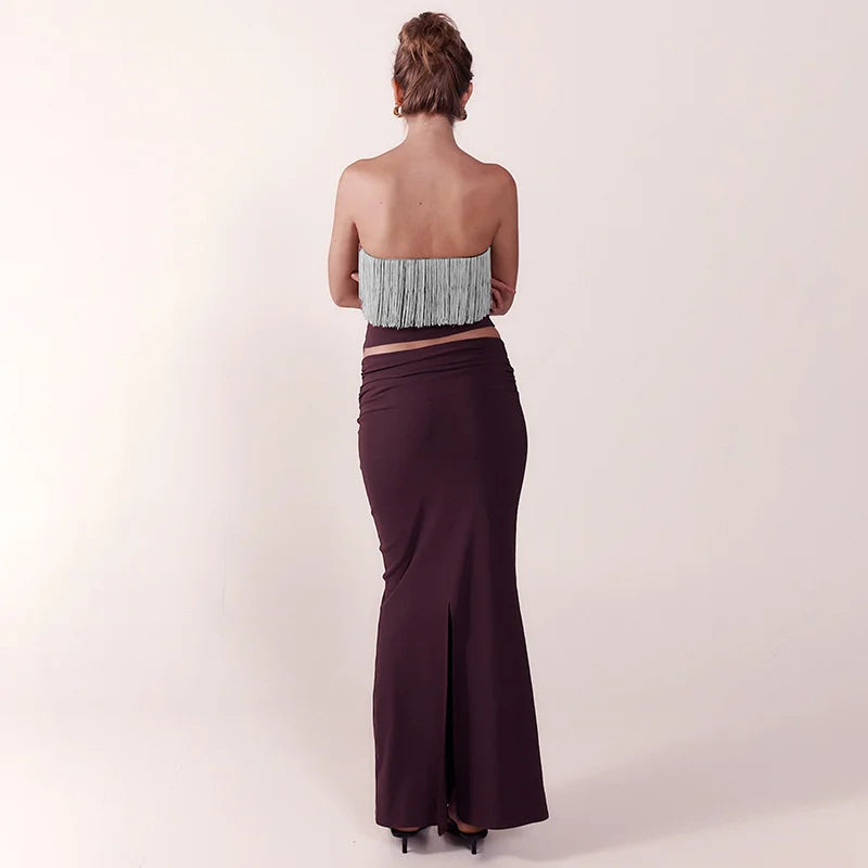 Elegant Patchwork Tassel Crop Top And Maxi Skirt Matching Set Strapless Two Piece Set
