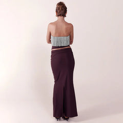 Elegant Patchwork Tassel Crop Top And Maxi Skirt Matching Set Strapless Two Piece Set